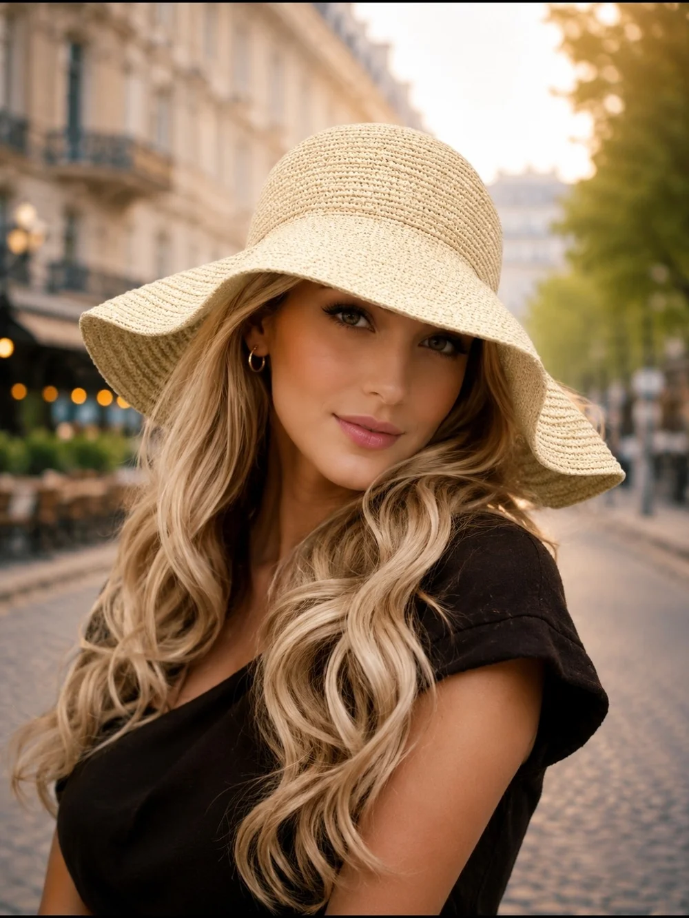 BETMAR New York Wide Brim Sun Hat Natural Straw Blend Floppy Hat Beige